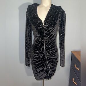 Zara Trafaluc Black Velvet sparkles silver stretchy Mini Dress Y2K 2000s Medium